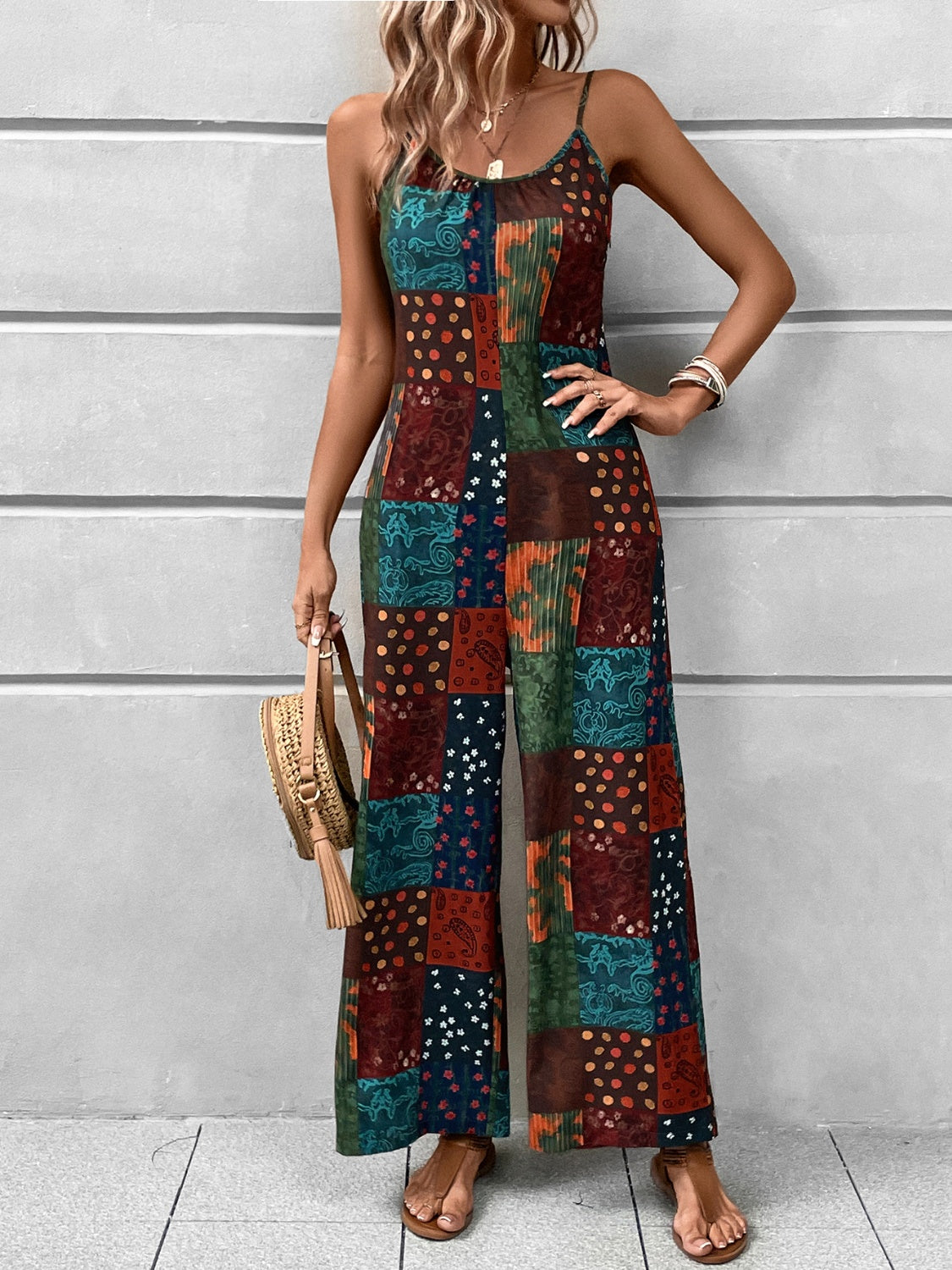 Printed Scoop Neck Spaghetti Strap Jumpsuit - Whimsical Appalachian Boutique