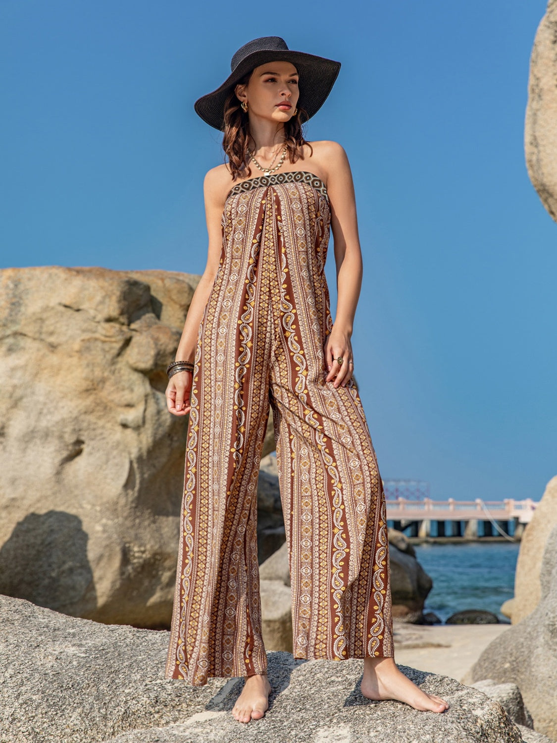 Tied Printed Tube Wide Leg Patterned Jumpsuit - Whimsical Appalachian Boutique