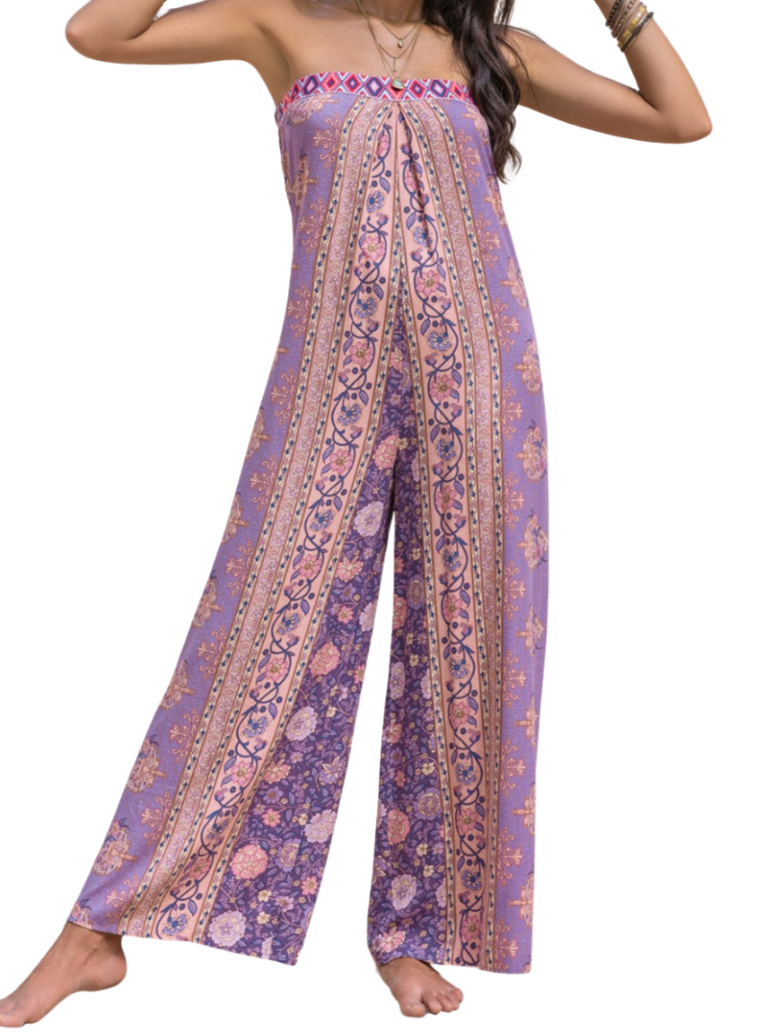 Tied Printed Tube Wide Leg Patterned Jumpsuit - Whimsical Appalachian Boutique