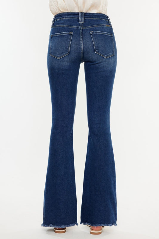 Back view of Kancan Cat's Whiskers Raw Hem Flare Jeans showcasing the high waist design.