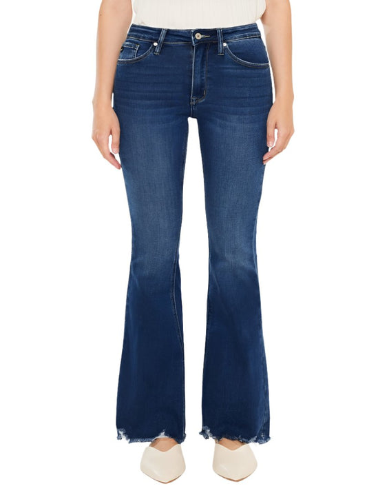 Front view of Kancan Cat's Whiskers Raw Hem Flare Jeans in classic blue wash.