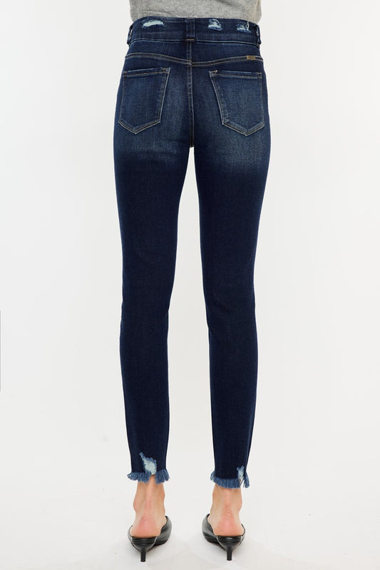 Back view of Kancan Cat's Whiskers Raw Hem High Waist Jeans in dark wash denim