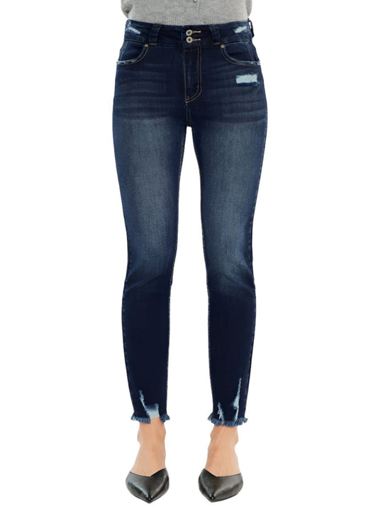 Front view of Kancan Cat's Whiskers Raw Hem High Waist Jeans showcasing the high-rise waist and raw hem