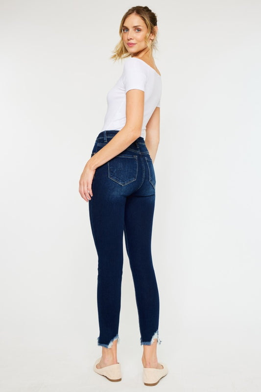 Women's Kancan High Rise Frayed Ankle Skinny Jeans in dark denim.