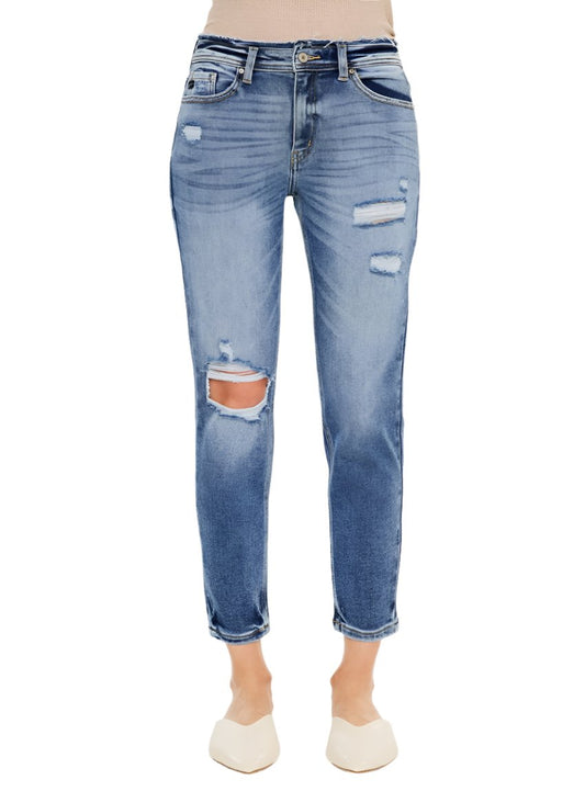 Front view of Kancan High Rise Distressed Mom Jeans.