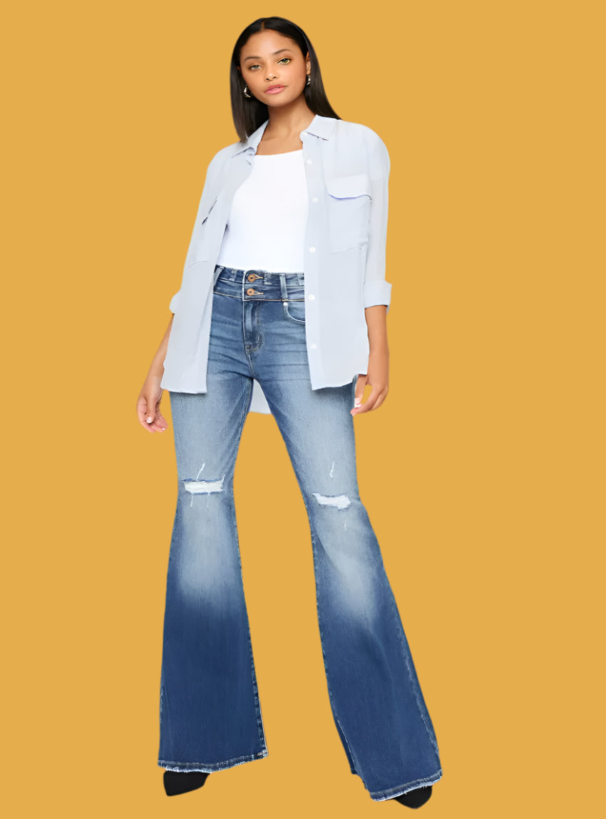 Kancan flare jeans with high-rise fit, distressed details, and raw hem in medium wash.
