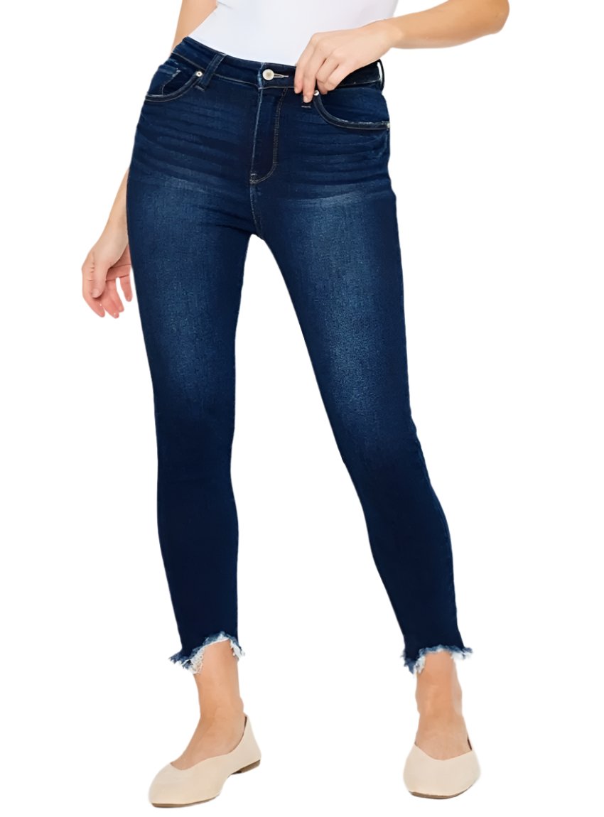 Kancan High Rise Frayed Ankle Skinny Jeans in dark wash, front view.