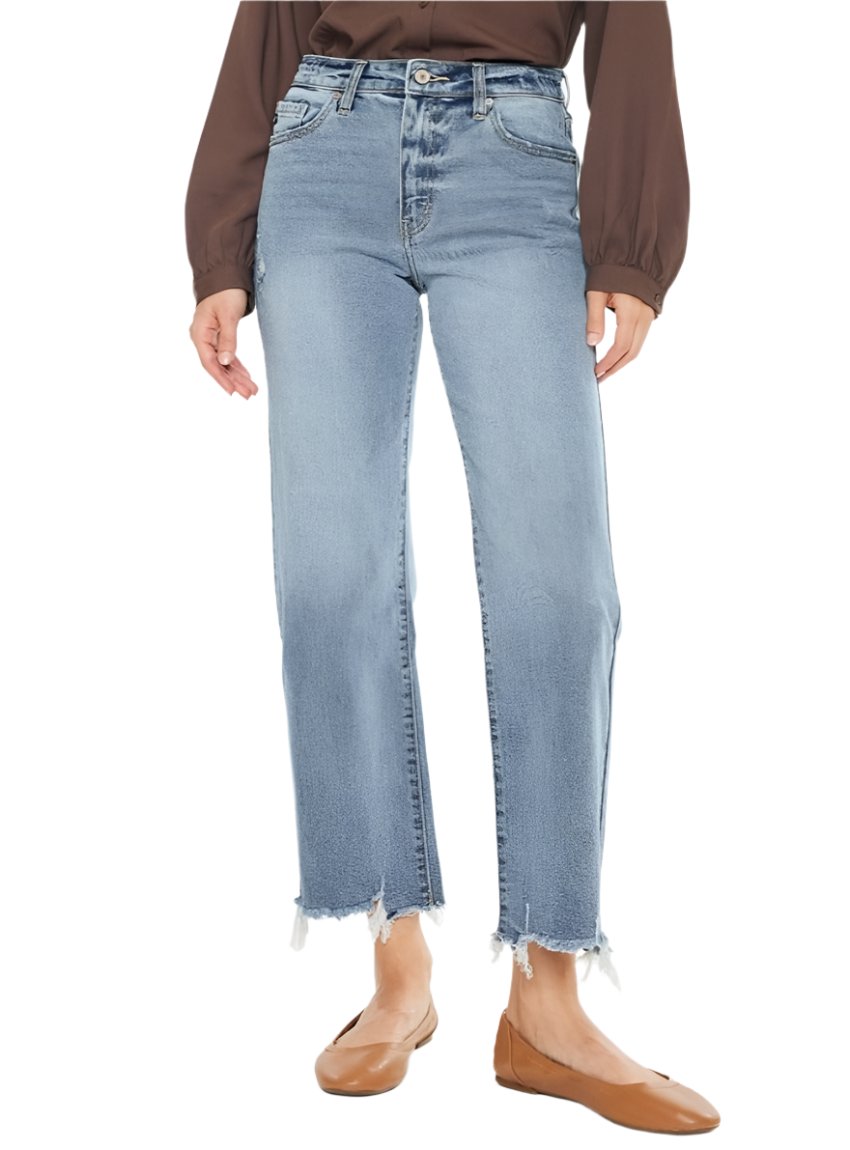 Front view of Kancan high-rise wide leg jeans with raw hem and light wash.
