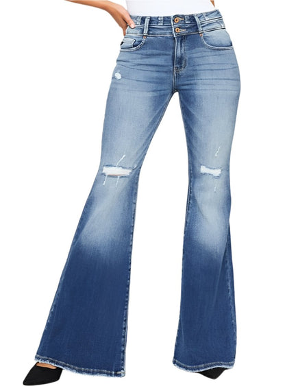 Front view of Kancan high-rise flare jeans with distressed details and raw hem.
