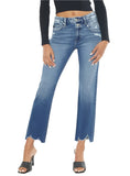 Front view of Kancan high rise wide waistband slim straight jeans with raw hem.
