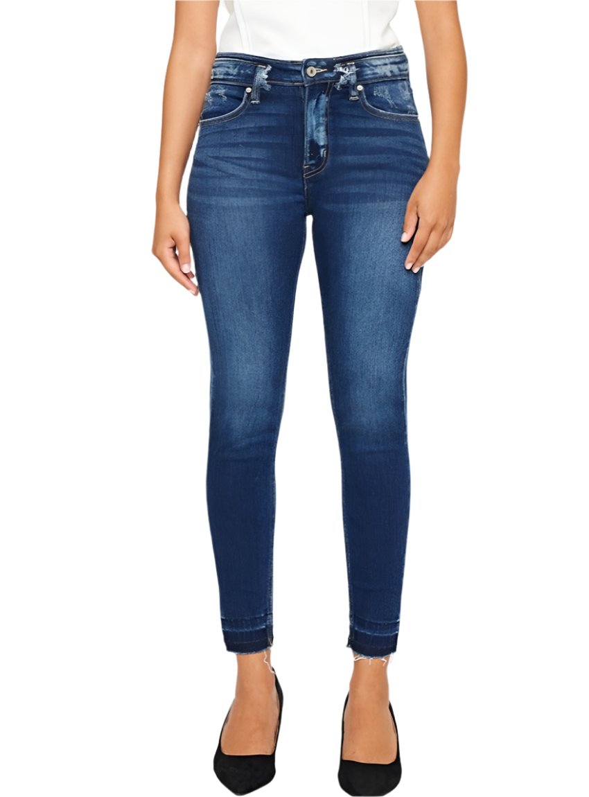 Women’s high-rise ankle skinny jeans with slight stretch in dark wash.
