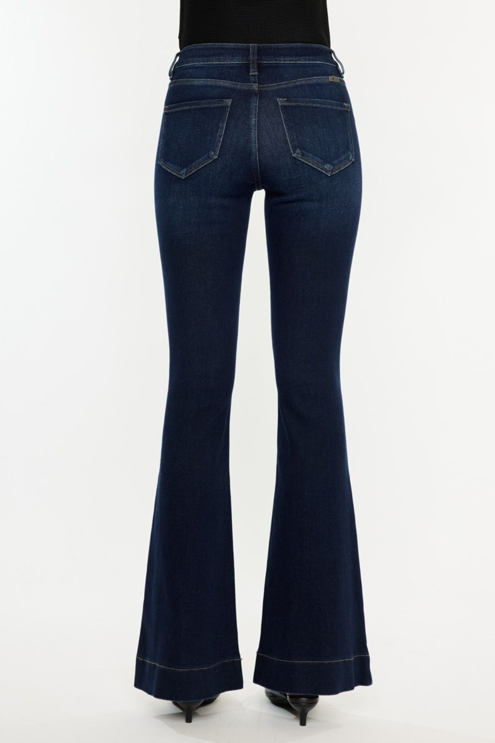 Dark wash slim flare jeans with a high rise and slight stretch.
