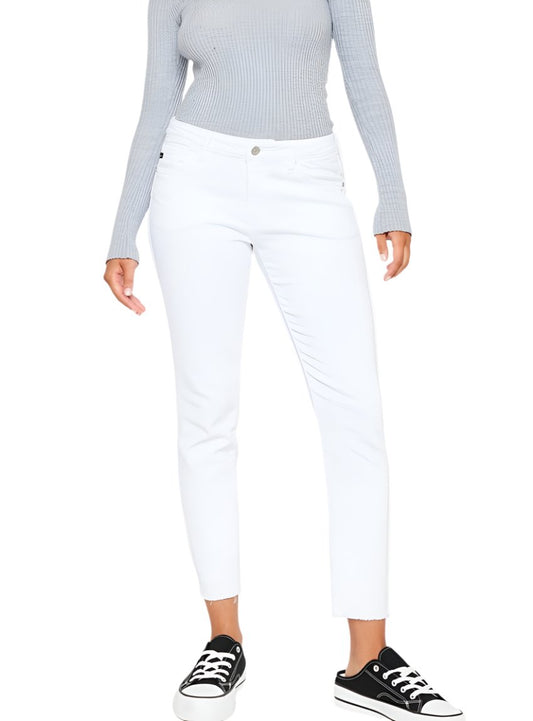 Kancan Mid Rise Ankle Skinny Jeans in white, front view.