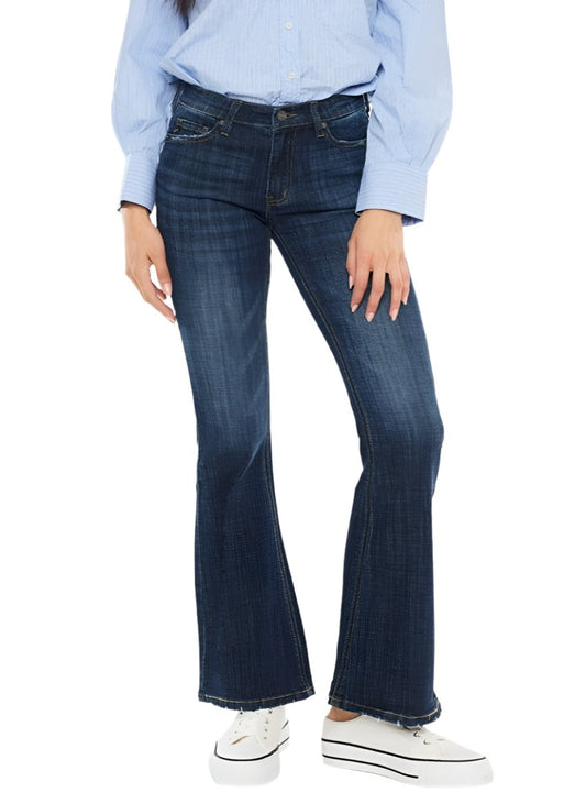 Front view of Kancan Mid Rise Flare Jeans in indigo wash with a flare leg.