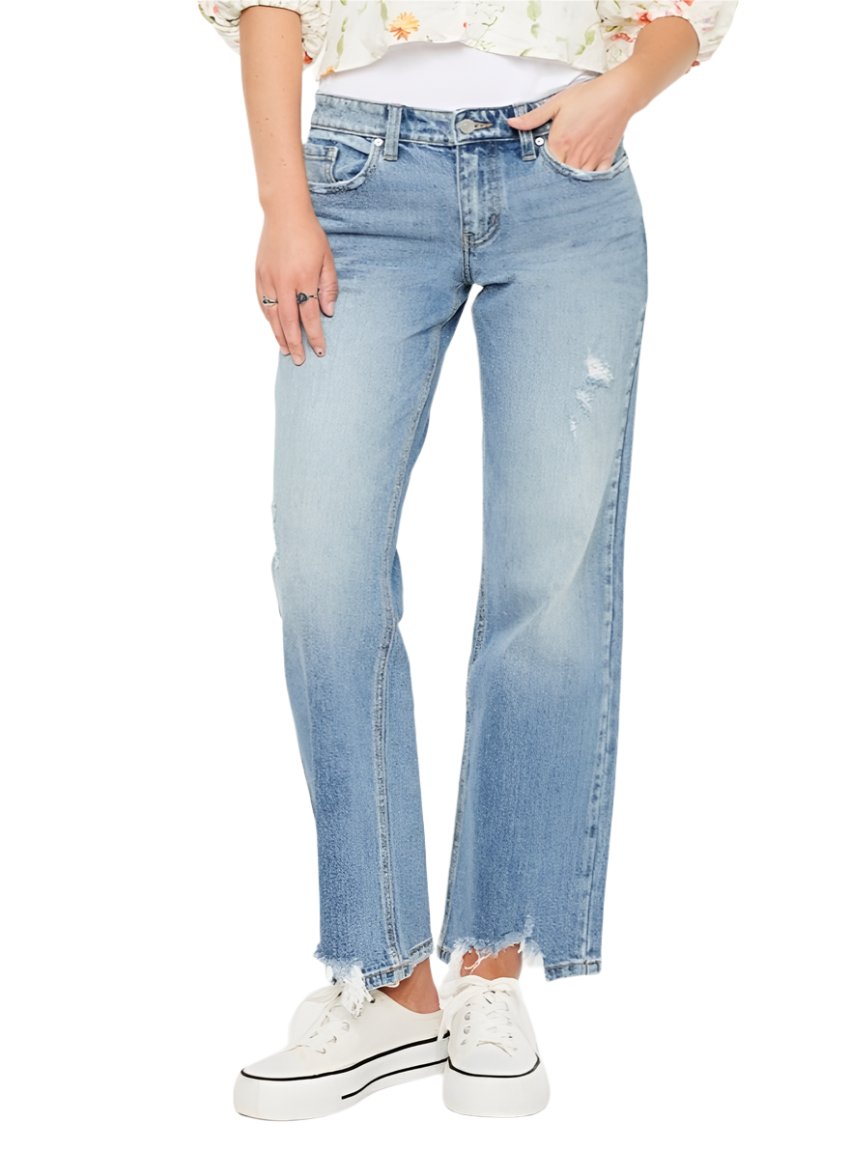 Front view of Kancan Mid Rise Frayed Hem Straight Jeans in light wash.
