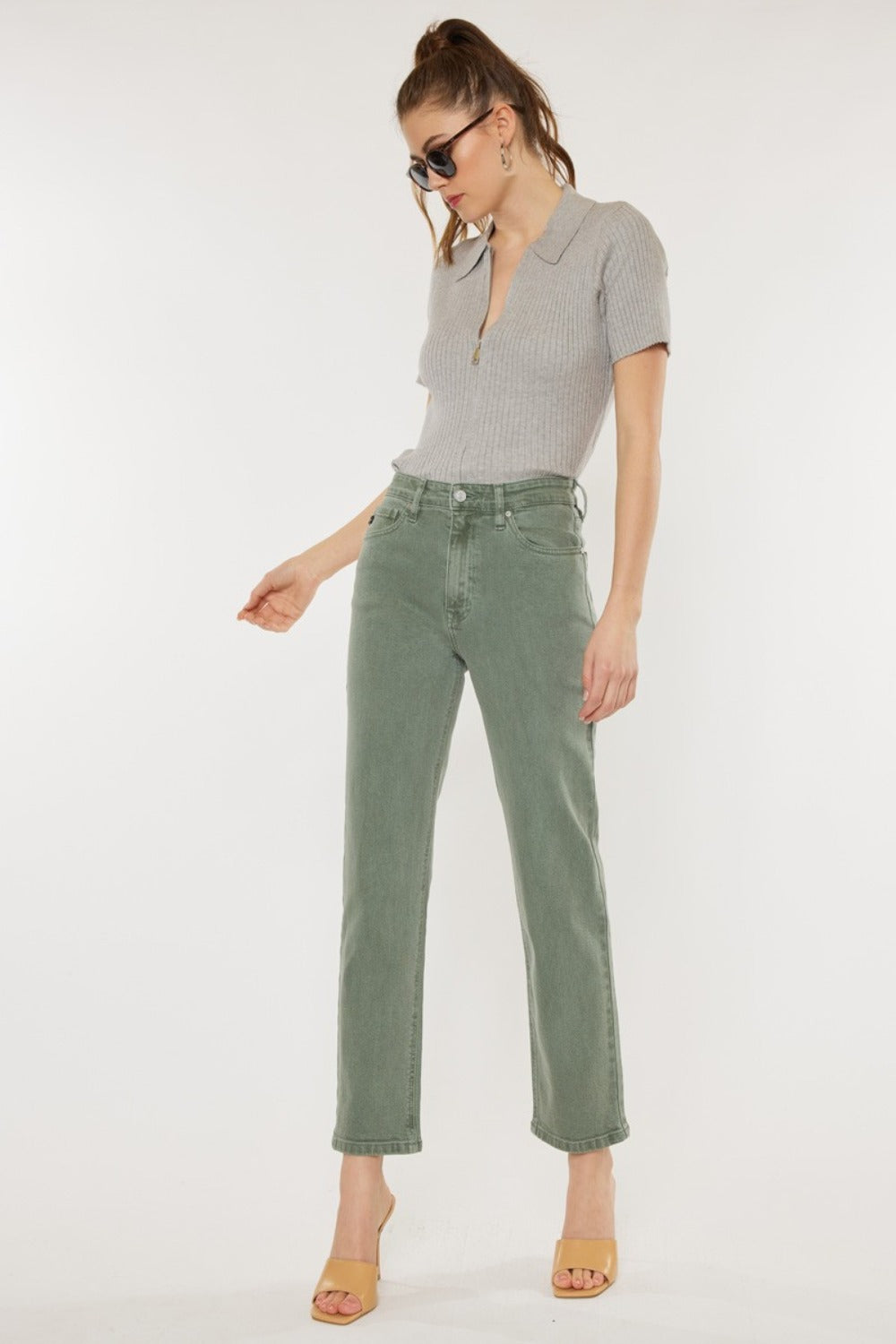 Trendy olive straight jeans for women by Kancan with a flattering high-rise fit.
