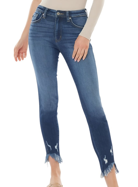 Kancan raw hem high waist cropped jeans with front view