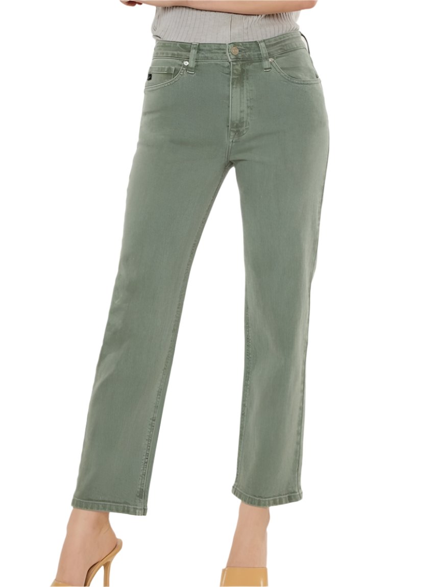 Front view of Kancan ultra high rise straight jeans in olive.
