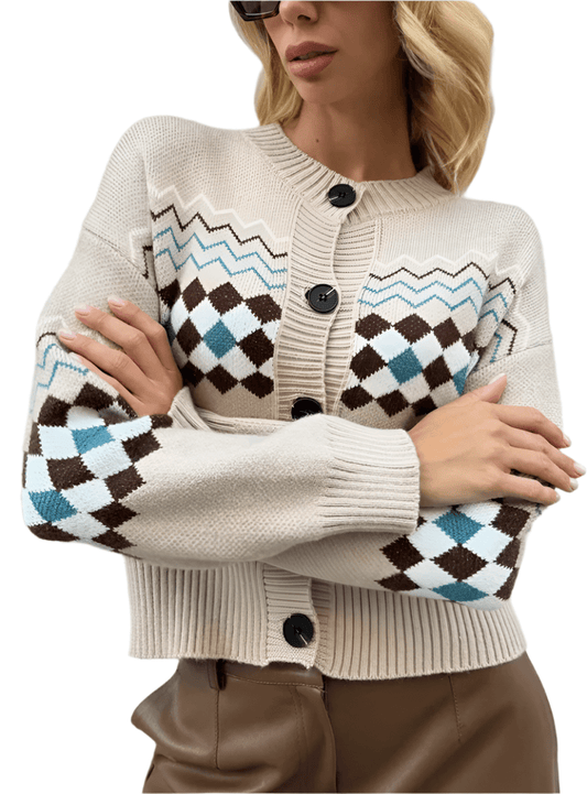 Women’s khaki argyle cardigan, perfect for fall layering
