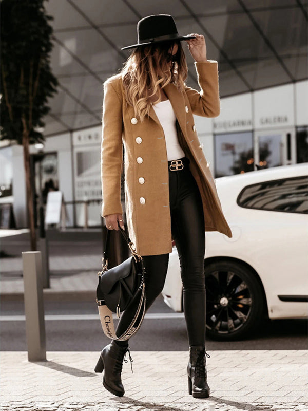 Relaxed khaki woolen coat with dropped shoulder sleeves for a modern look.
