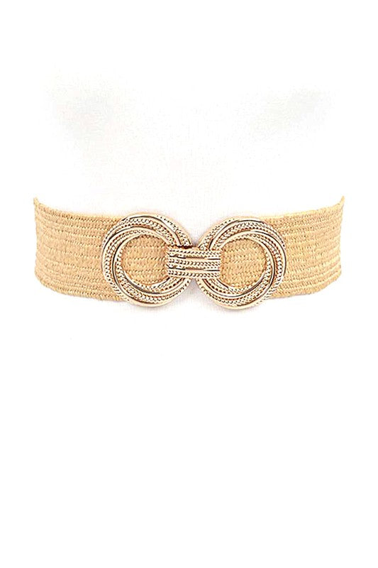 Front view of khaki faux straw belt with a gold-tone double-circle buckle.
