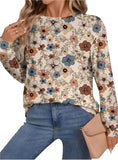 Front view of khaki allover floral print crew neck top with long sleeves.
