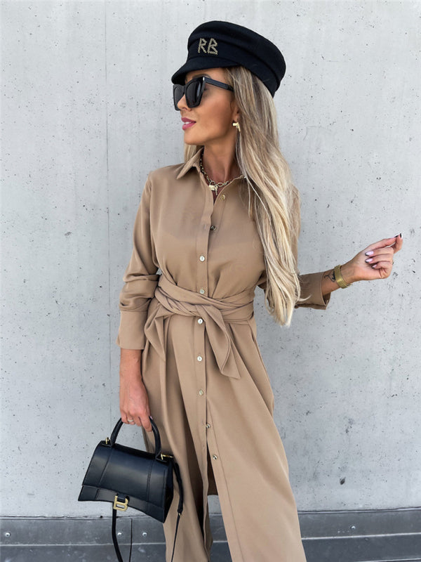 Long Sleeve Button-Up Belted Shirt Dress