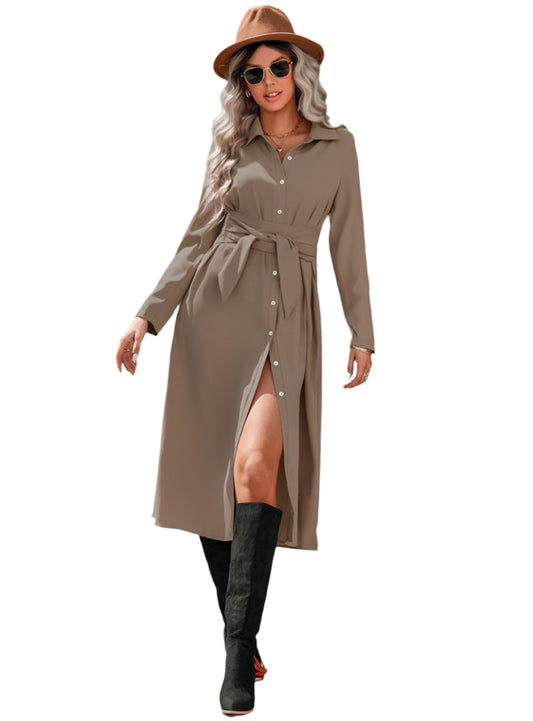 Long Sleeve Button-Up Belted Shirt Dress