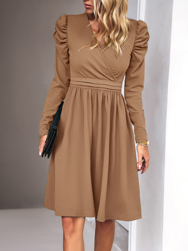 Classy khaki V-neck dress for women featuring long sleeves and knee length
