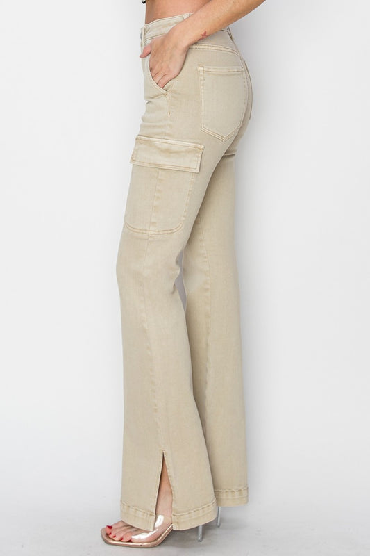 Risen khaki cargo jeans in a bootcut style with high-rise waist.