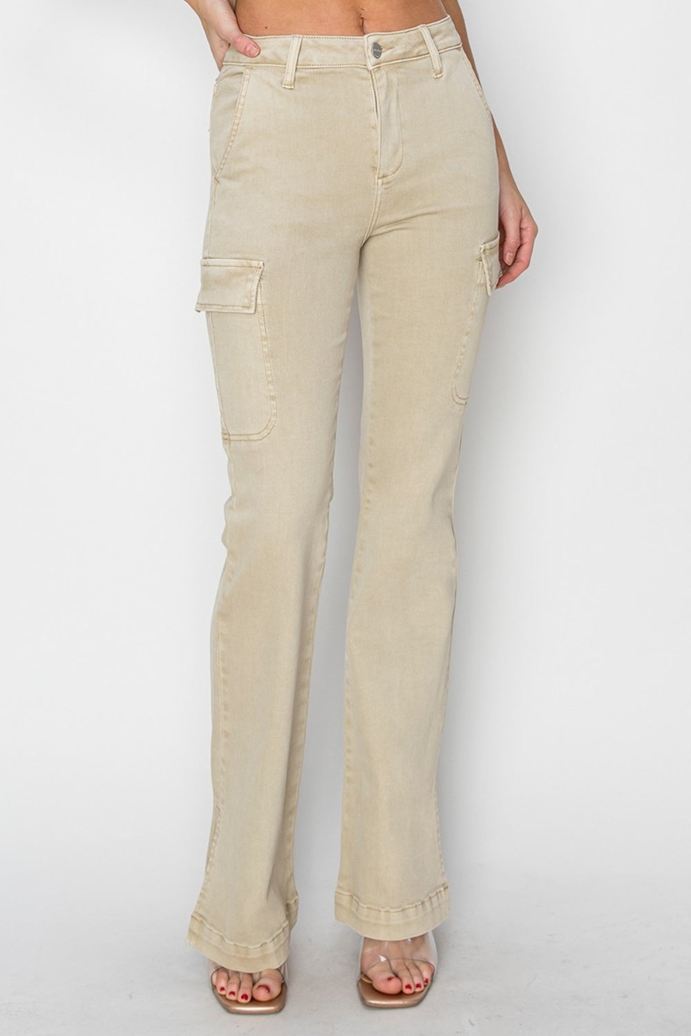 RISEN Jeans | High Rise Side Slit Cargo Bootcut | Khaki