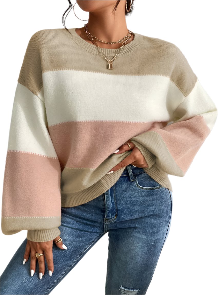 Neutral Striped Lantern Sleeve Knit Sweater