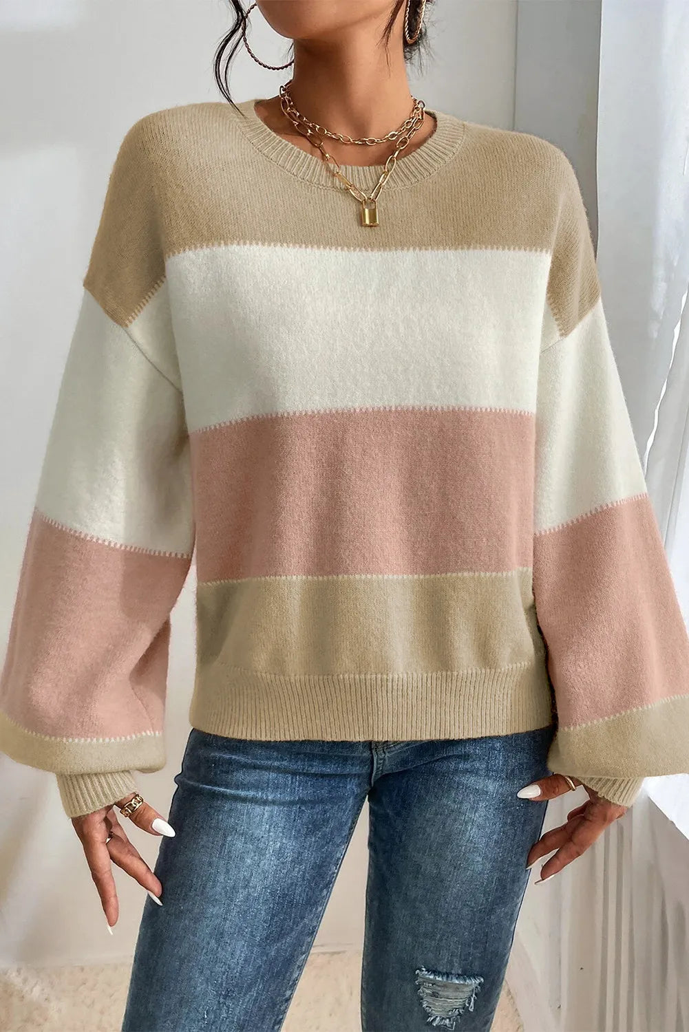 Neutral Striped Lantern Sleeve Knit Sweater