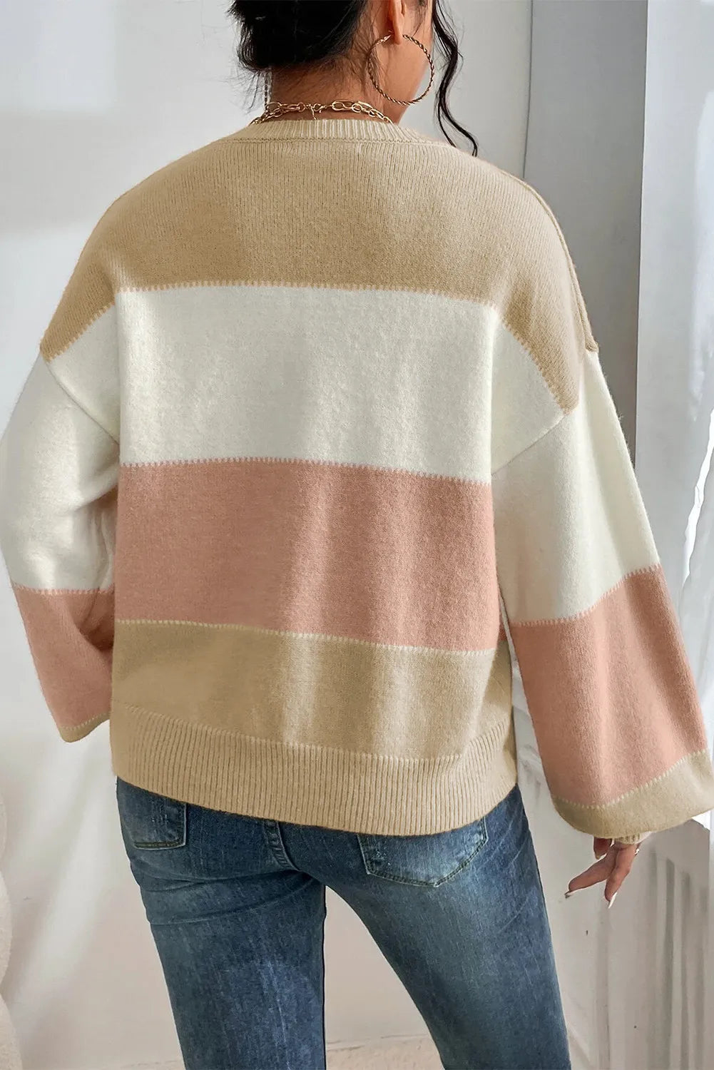 Neutral Striped Lantern Sleeve Knit Sweater