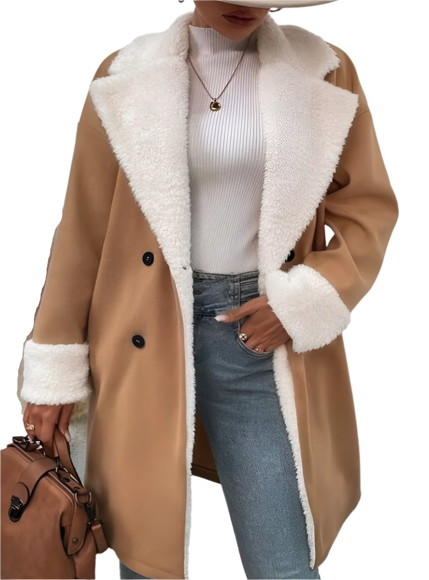 Khaki sherpa-lined double-breasted coat with wide collar and cuffs
