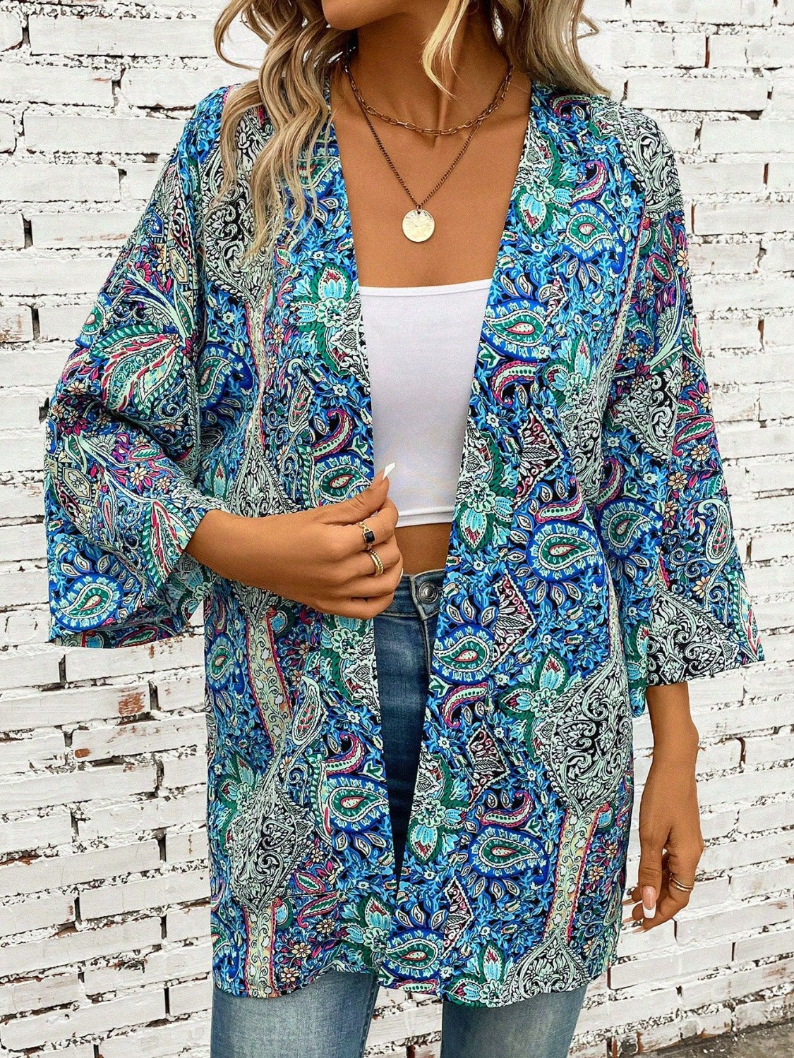 Printed Open Front Three-Quarter Sleeve Cover Up - Whimsical Appalachian Boutique