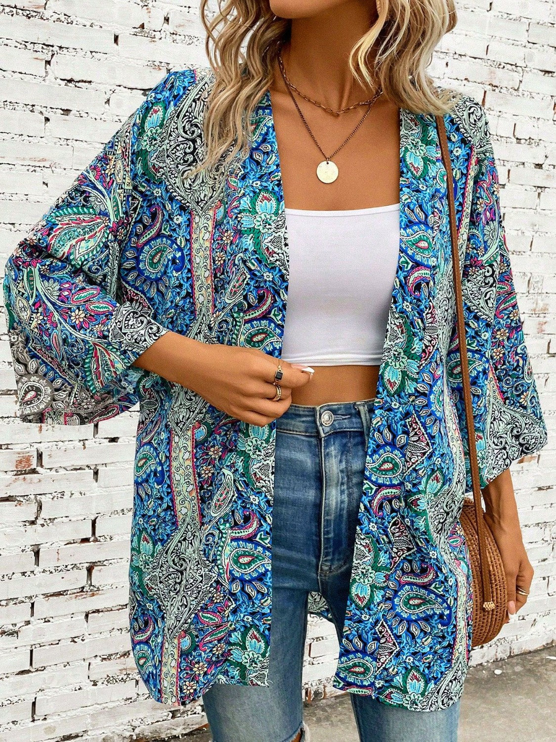 Printed Open Front Three-Quarter Sleeve Cover Up - Whimsical Appalachian Boutique