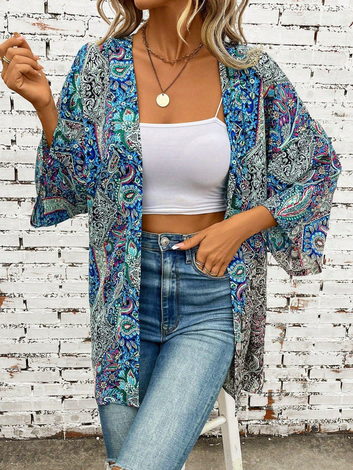 Printed Open Front Three-Quarter Sleeve Cover Up - Whimsical Appalachian Boutique