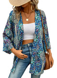 Printed Open Front Three-Quarter Sleeve Cover Up - Whimsical Appalachian Boutique