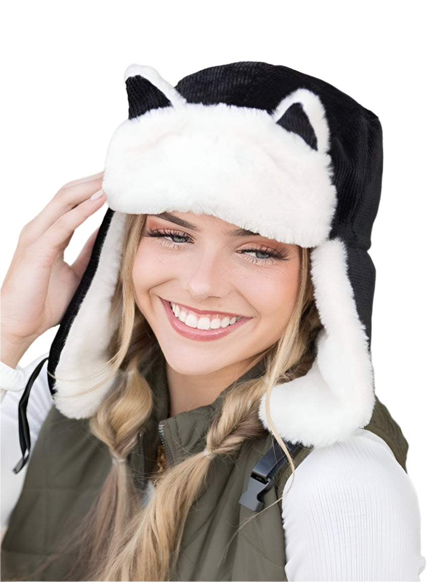 Black kitten ear trapper hat with faux fur lining
