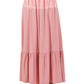 Lace-trimmed boho ruffle maxi skirt in soft rayon fabric.
