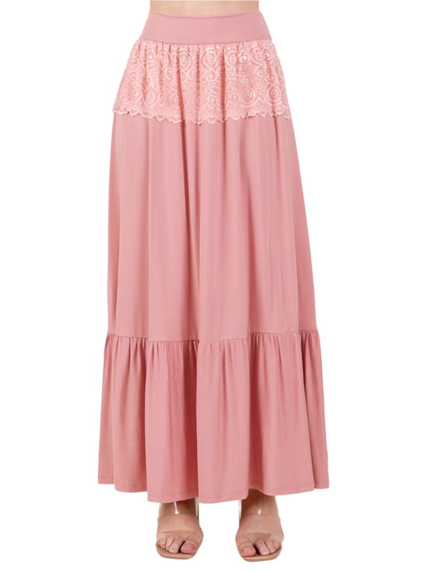 Lace-trimmed boho ruffle maxi skirt in soft rayon fabric.
