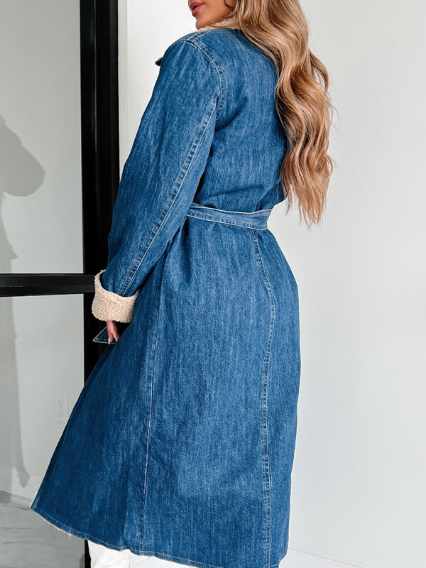 Back view of denim coat with lace-up detail and lambswool lining
