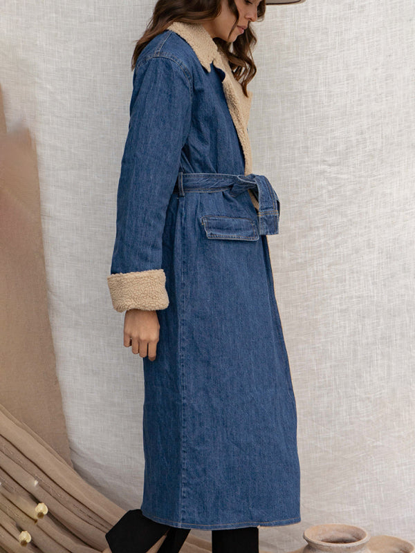 Versatile style of quilted denim coat with lambswool detail
