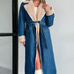 Full-length view of lambswool-lined denim coat with lapel collar
