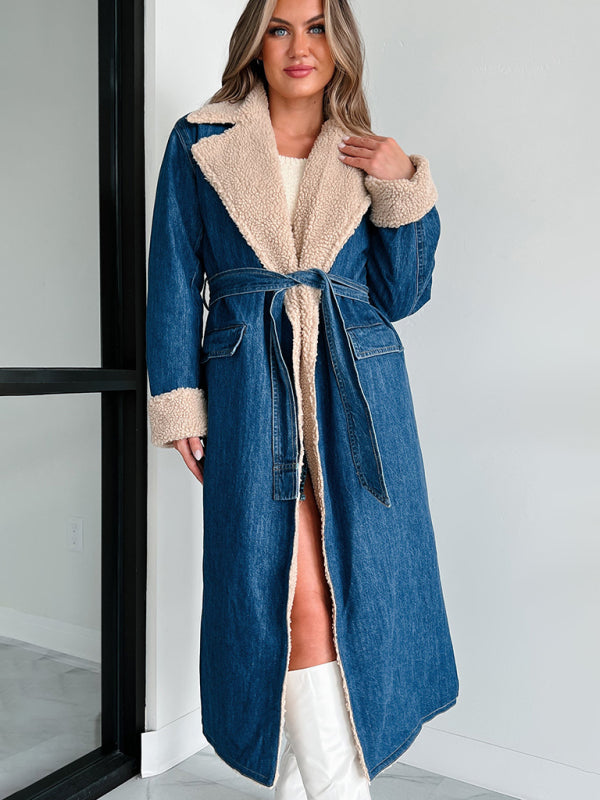 Full-length view of lambswool-lined denim coat with lapel collar
