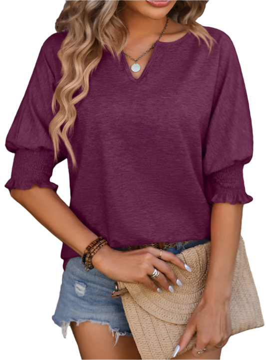 Chic Heathered Blouse with trendy lantern sleeves and a notched neckline. Perfect for any occasion. Available in 5 colors. Shop Now!