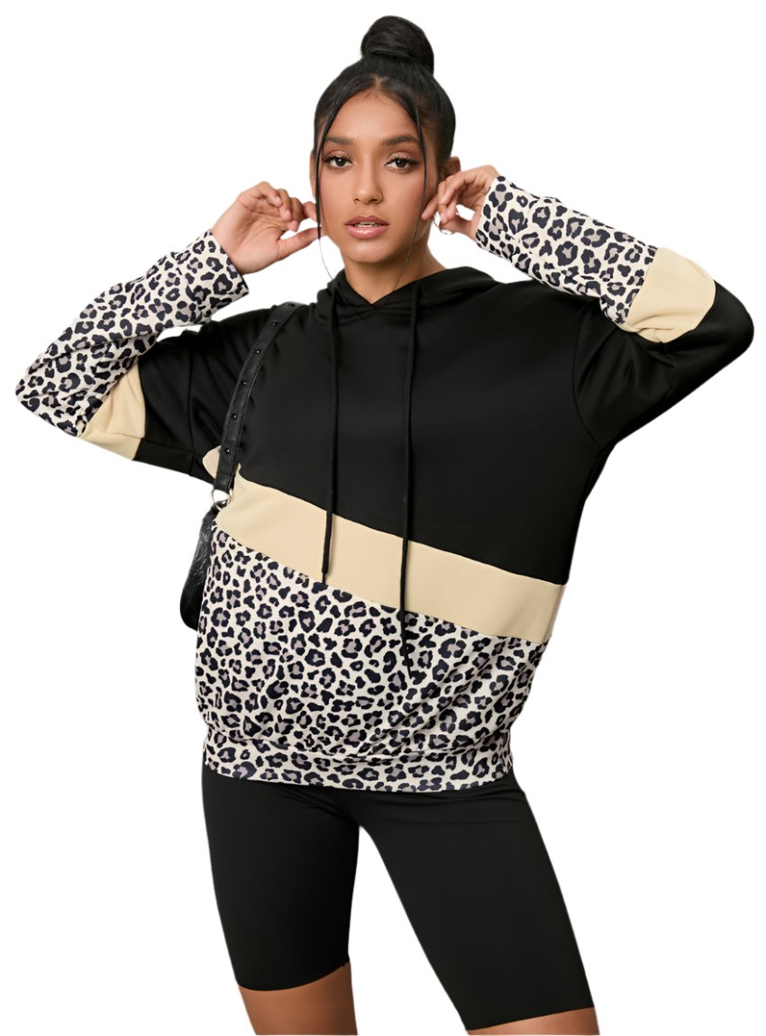 front view of leopard color block hoodie with drawstring hood
