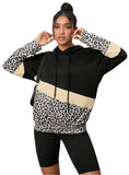 front view of leopard color block hoodie with drawstring hood
