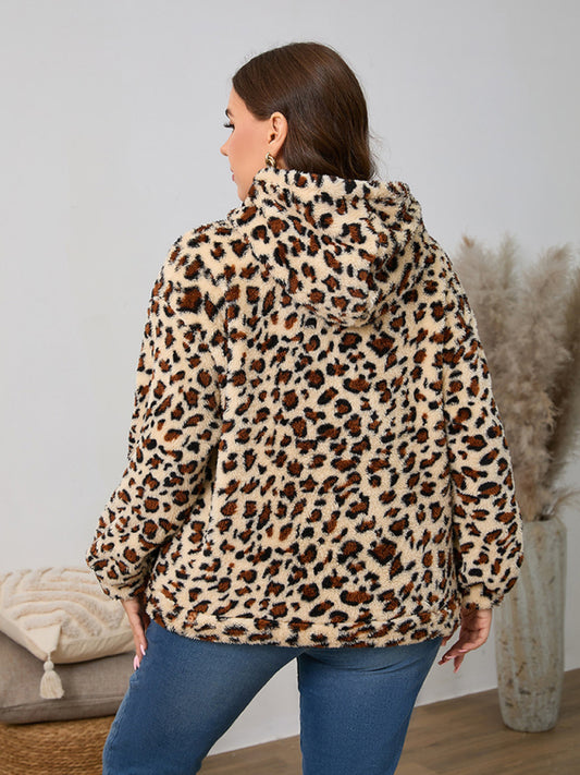 Back view of leopard print plush hoodie with all-over leopard pattern.
